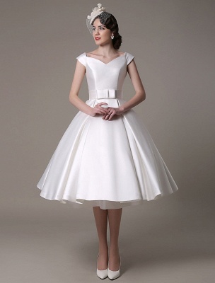 Ivory Wedding Dresses 2021 Short Satin Knee Length Bow Sash Retro Bridal Dress Exclusive_4