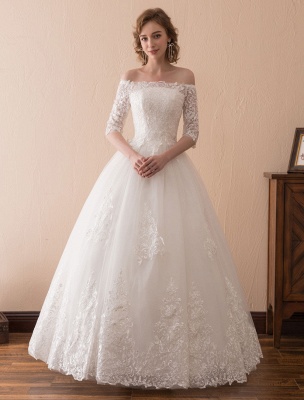 Robes de mariée princesse dentelle hors de l'épaule robe de mariée demi-manche étage longueur robe de mariée_1