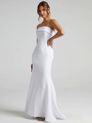 White Simple Wedding Dress Mermaid Brush Train Zipper Strapless Polyester Bridal Gowns_2