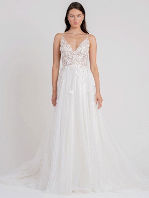 White Wedding Gowns Chapel Train A-Line Sleeveless Spaghetti Straps Matte Satin V-Neck Lace Bridal Gowns_3