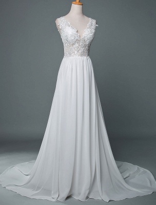 Wedding Dress V Neck Sleeveless Lace A Line Floor Length Chiffon Bridal Gowns With Train_1