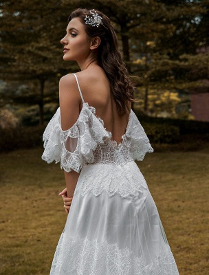 Robe de mariée bohème dentelle A-ligne col en V taille naturelle robe de mariée perlée_6