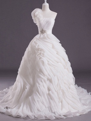 Ivory Ball Gown One-Shoulder Flower Court Train Wedding Dress ...