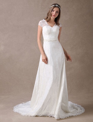 Lace Wedding Dresses Ivory V Neck Chiffon Beading Sash Cap Sleeve Bridal Dress With Train Exclusive_4