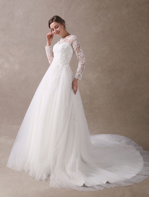 Wedding Dresses Princess Ball Gowns Ivory Long Sleeve Lace Applique Beading Chapel Train Bridal Dress Exclusive_5