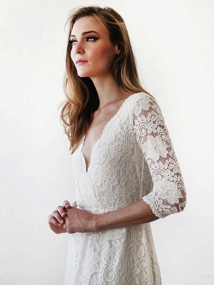 Wedding Dress Floor-Length A-Line 3/4 Length Sleeves V-Neck Lace Bridal Gowns_3