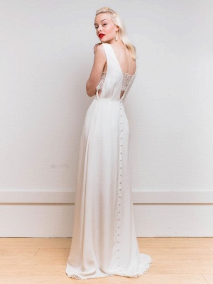 White Simple Wedding Dress A-Line V-Neck Sleeveless Backless Buttons Satin Fabric Lace Long Bridal Dresses_5