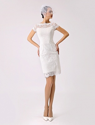 Short Simple Wedding Dresses 2021 Lace Illusion Short Sleeve Sheath Column Reception Dress For Bride Exclusive_2
