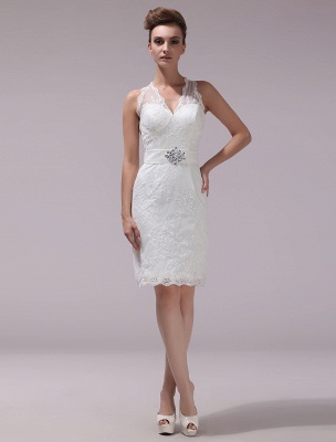 White Sheath Rhinestone Knee-Length Lace Wedding Reception Dress With V-Neck Exclusive_1