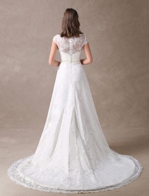 Lace Wedding Dresses Ivory V Neck Chiffon Beading Sash Cap Sleeve Bridal Dress With Train Exclusive_6