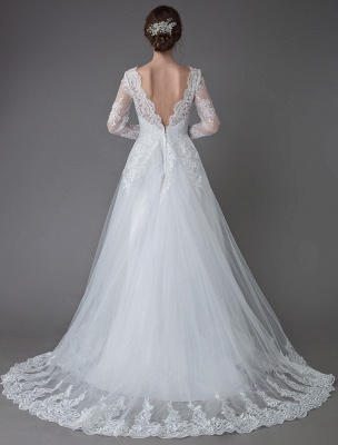 Robes de mariée en dentelle robe de bal col en V manches longues robe de mariée princesse dos nu exclusif_7