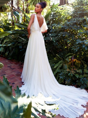 White Simple Wedding Dress Chiffon V-Neck Sleeveless A-Line Backless Natural Waist Long Bridal Dresses_5