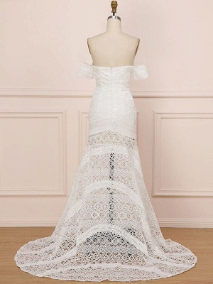 White Lace Wedding Dress Floor Length Sheath Sleeveless Lace Sweetheart Neck Bridal Dresses Train Dress_4