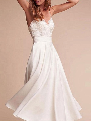 Short Wedding Dress V Neck Sleeveless A Line Tea Length Straps Bridal Gowns_3