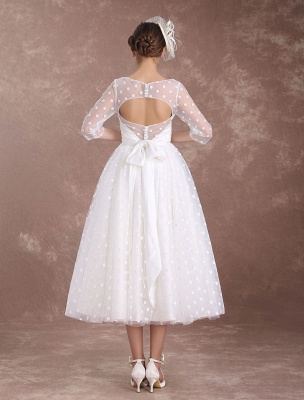 Vintage Wedding Dress Short 1950'S Bridal Dresses Ivory Long Sleeve Open Back Polka Dot Ribbon Sash Wedding Reception Dress Exclusive_7