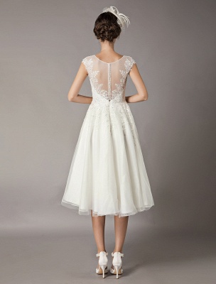 Vintage Wedding Dresses Short Lace Tulle Sequin Tea Length Ivory Bridal Dress_5