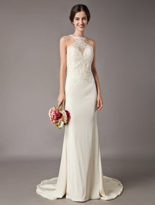 Wedding Dresses Ivory Lace Sleeveless Illusion Sheath Column Bridal Gowns With Train_1