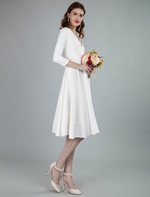 Short Wedding Dresses V Neck 3/4 Length Sleeves A-Line Knee Length Bridal Dress Exclusive_2