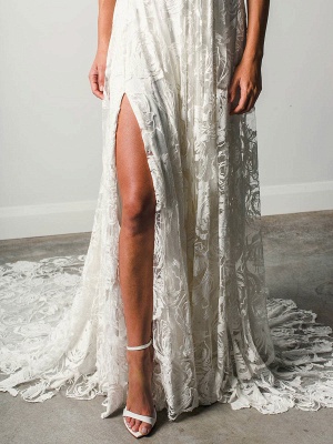 Robe de mariée de plage avec train chapelle blanc col en V sans manches dos nu dentelle fendue longues robes de mariée_7