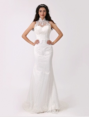 Vintage Inspired Illusion Neck Sheath/Column Wedding Dress With Lace Overlay Exclusive_2