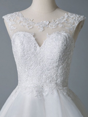 Robes de mariée 2021 Une ligne bijou cou sans manches taille naturelle Tulle robe de mariée courte_6