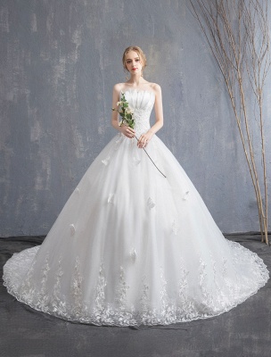 Lace Wedding Dresses Ivory Strapless Sleeveless Applique Princess Bridal Gown With Train_2