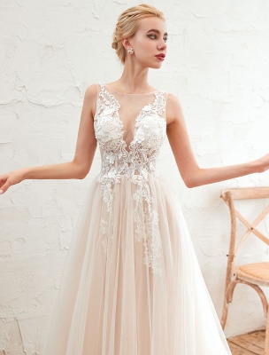 Wedding Dress 2021 V Neck Sleeveless A Line Tulle Bridal Gowns With Train_8