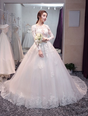 Princess Wedding Dresses Long Sleeve Bridal Dresses Lace Backless Illusion Wedding Gown With Long Train_2