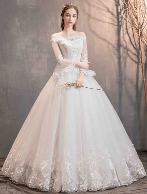 Lace Wedding Dresses Ivory Off The Shoulder Lace Applique Princess Bridal Gown_5
