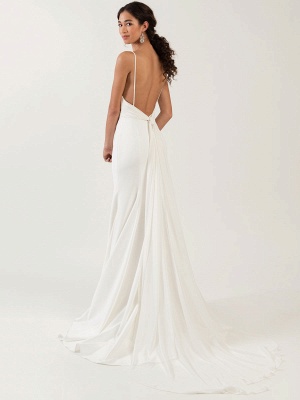 White Simple Wedding Dress Spaghetti Straps Satin Fabric V-Neck Sleeveless Ruffles Mermaid Bridal Dresses_2
