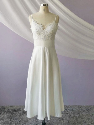Short Wedding Dress V Neck Sleeveless A Line Tea Length Straps Bridal Gowns_4