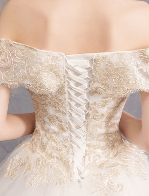 Princess Wedding Dress Ivory Lace Applique Off The Shoulder Short Sleeve Bridal Gown_10