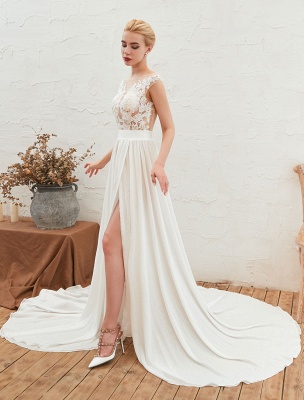 Wedding Dress 2021 V Neck Sleeveless A Line Split Chiffon Beach Bridal Gowns With Train_6