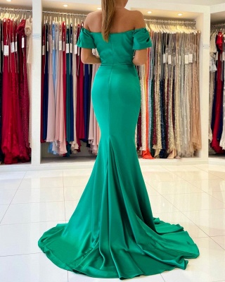 Off the Shoulder Satin Ruffle Slim Mermaid Evening Gown_5