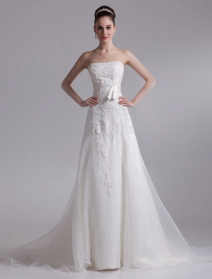 Elegant Ivory A-Line Strapless Rhinestone Tulle Bridal Wedding Dress_1