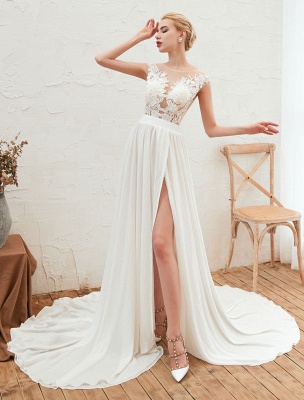 Wedding Dress 2021 V Neck Sleeveless A Line Split Chiffon Beach Bridal Gowns With Train_2