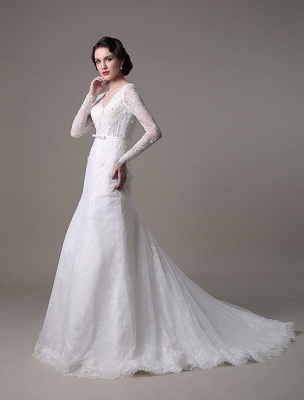 2021 Vintage Lace Wedding Dress A-Line With Long Sleeves Pearls Applique And Chapel Train_3