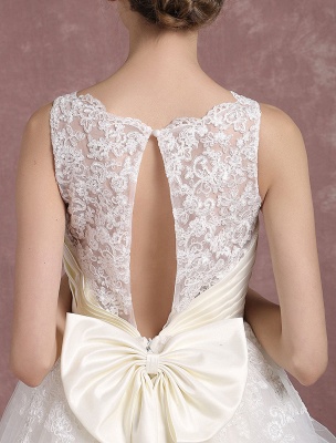Vintage Wedding Dress Ivory Tulle Bridal Gown Back Split Bateau Lace Illusion Neckline Ankle Length Princess Bridal Dress With Bow Sash Exclusive_9