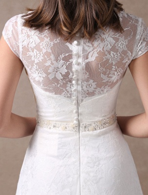Lace Wedding Dresses Ivory V Neck Chiffon Beading Sash Cap Sleeve Bridal Dress With Train Exclusive_8