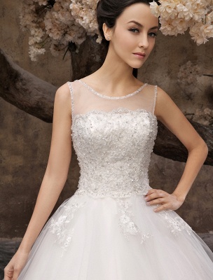 White Ball Gown Jewel Neck Beading Floor-Length Bridal Wedding Dress_5