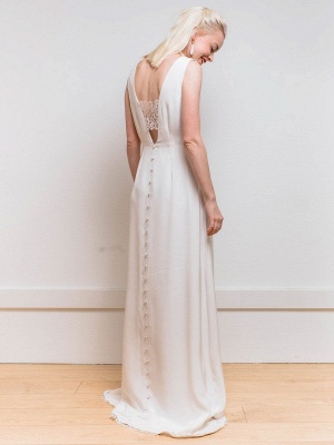 White Simple Wedding Dress A-Line V-Neck Sleeveless Backless Buttons Satin Fabric Lace Long Bridal Dresses_4