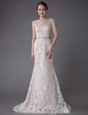 Robe de mariée en dentelle Champagne bijou sans manches dos nu robe de mariée sirène plage avec train exclusif_3