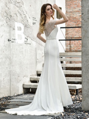 Wedding Dress Short Sleeves Illusion Neck Beaded Mermaid Bridal Gowns_8
