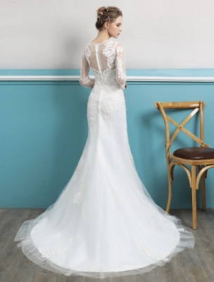 Mermaid Wedding Dresses Long Sleeve Ivory Lace Illusion Train Bridal Gowns_4
