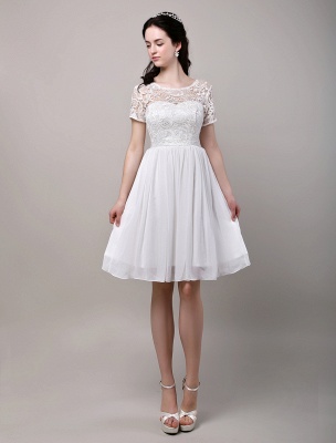 Simple Wedding Dresses Short Sleeves Lace Bodice Chiffon Reception Bridal Dress_1