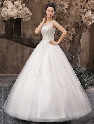 White Ball Gown Jewel Neck Beading Floor-Length Bridal Wedding Dress_2