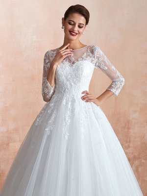 Wedding Gown 2021 3/4 Sleeve Jewel Neck Lace Appliqued Beaded Ball Gown Bridal Wedding Dress With Train_7
