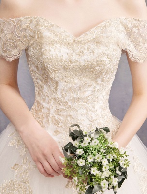 Princess Wedding Dress Ivory Lace Applique Off The Shoulder Short Sleeve Bridal Gown_9