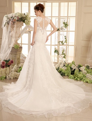Wedding Dresses Lace V Neck Mermaid Bridal Dress Ivory Illusion Organza Wedding Gown_4