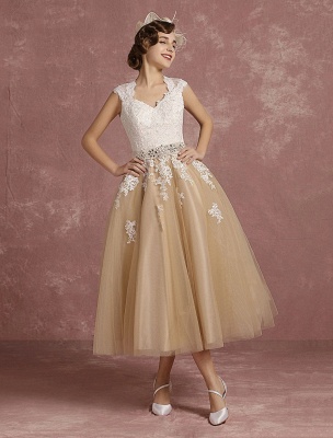 Vintage Wedding Dress Short Champagne Lace Applique Bridal Gown Queen Anne Neck Keyhole Bridal Dress Tea Length Exclusive_1